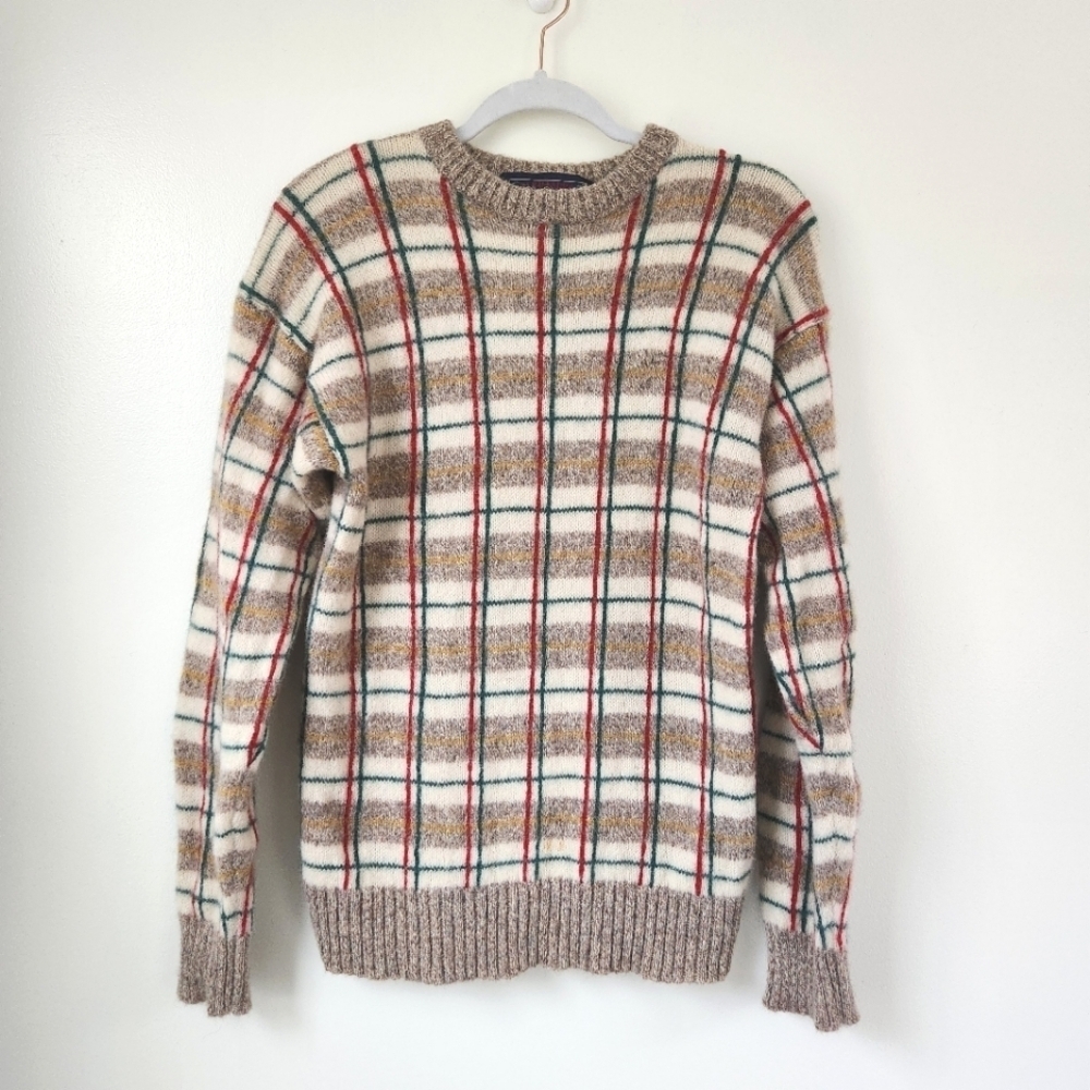Ralph Lauren Cream Plaid Crewneck Sweater with Tan, Green & Red Lines